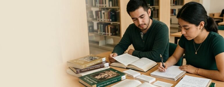 Dos estudiantes leyendo y tomando notas en una mesa con libros.
