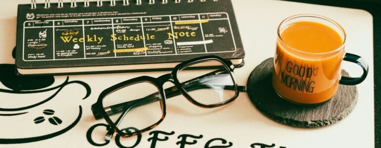 Planificador semanal junto a unos lentes y una taza sobre una mesa.